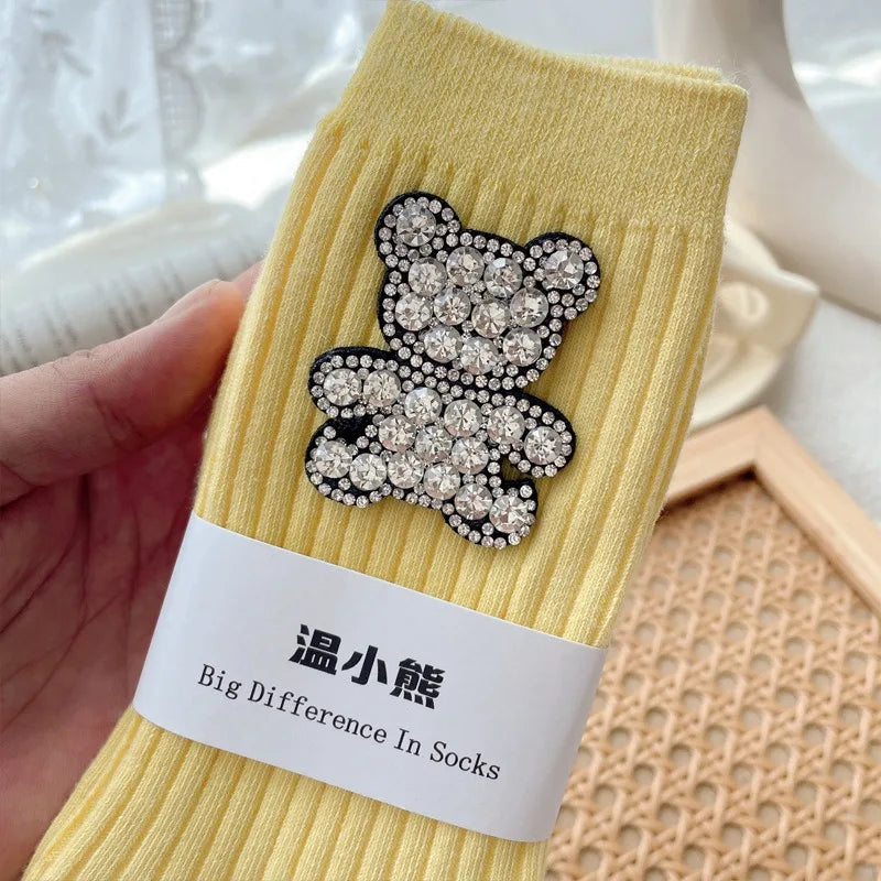 Diamond Cartoon Bear Decorative Socks, Fashionable Diamond Sparkling Women's Socks, Comfortable And Breathable Christmas Socks Peaceful Pleasures Health and Wellness YELLOW One Size