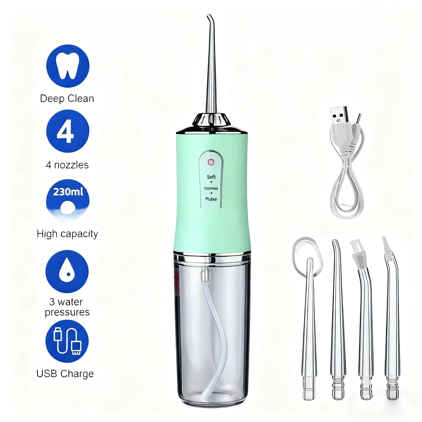 Oral Irrigator Portable USB Rechargeable Dental Water Flosser Water Jet Floss Tooth Pick 4 Jet Tip 220ml 3 Modes IPX7 Waterproof Peaceful Pleasures Health and Wellness green