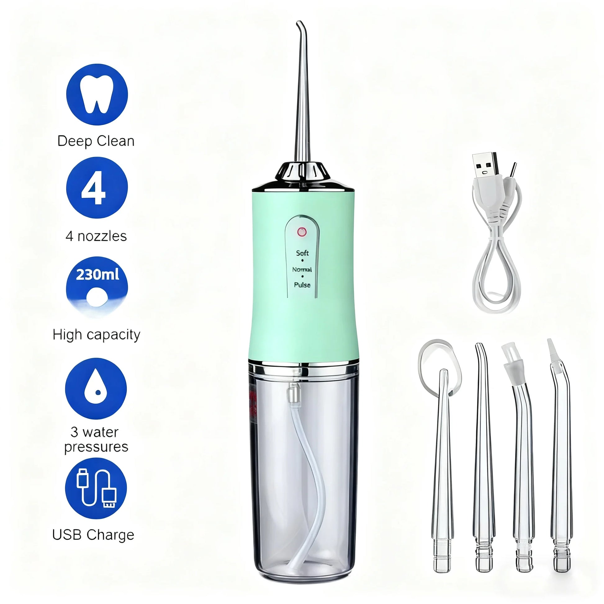 Oral Irrigator Portable USB Rechargeable Dental Water Flosser Water Jet Floss Tooth Pick 4 Jet Tip 220ml 3 Modes IPX7 Waterproof Peaceful Pleasures Health and Wellness green
