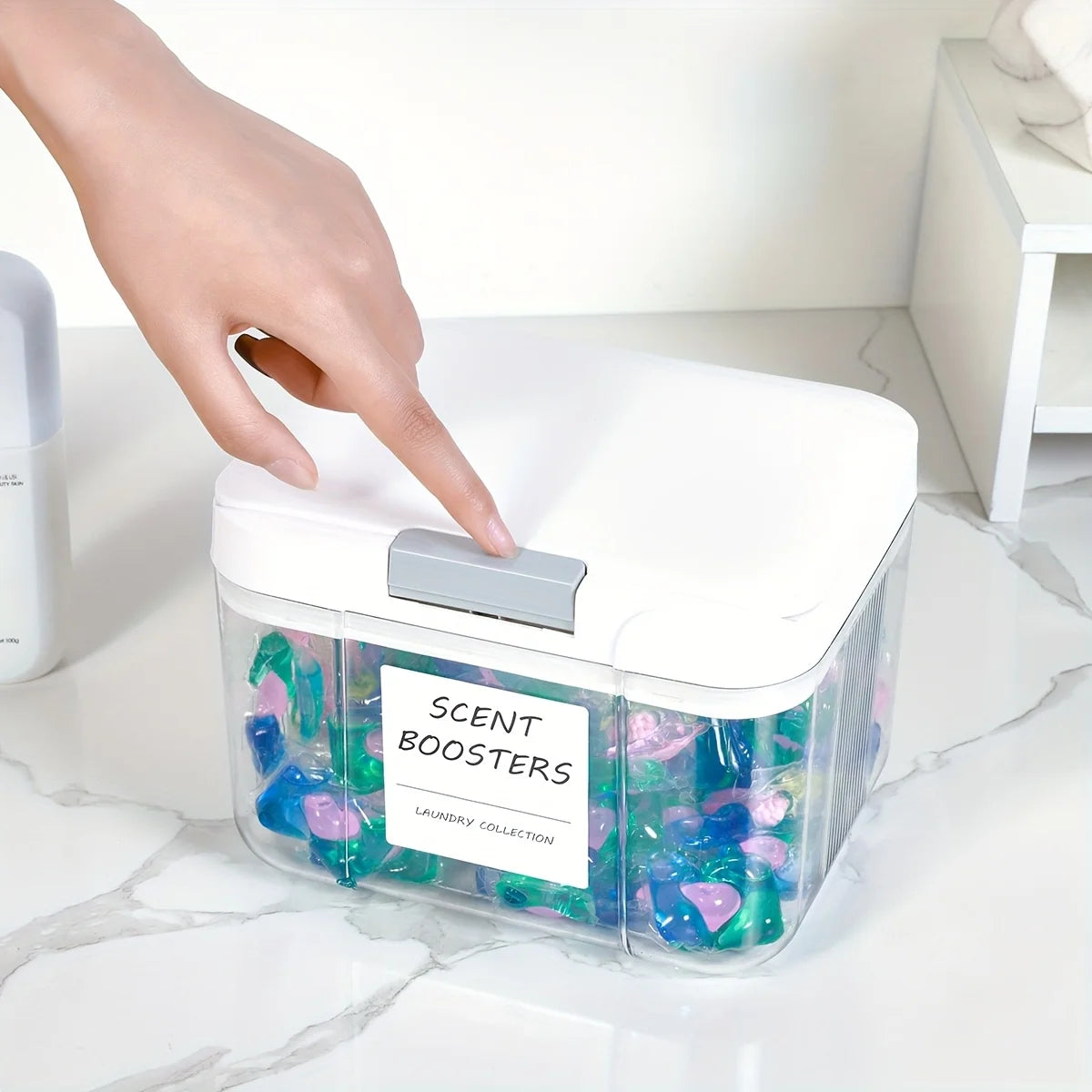 Laundry Pod Holder with Lid – Sealed Auto Pop-Up Large Capacity Organizer Box