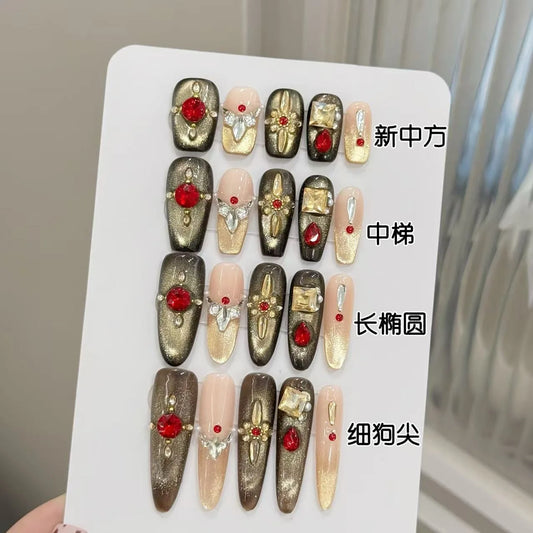 Handmade Burgundy Red Press On Nails – Glitter Cat Eye 10pcs Press On Nails Peaceful Pleasures Health and Wellness