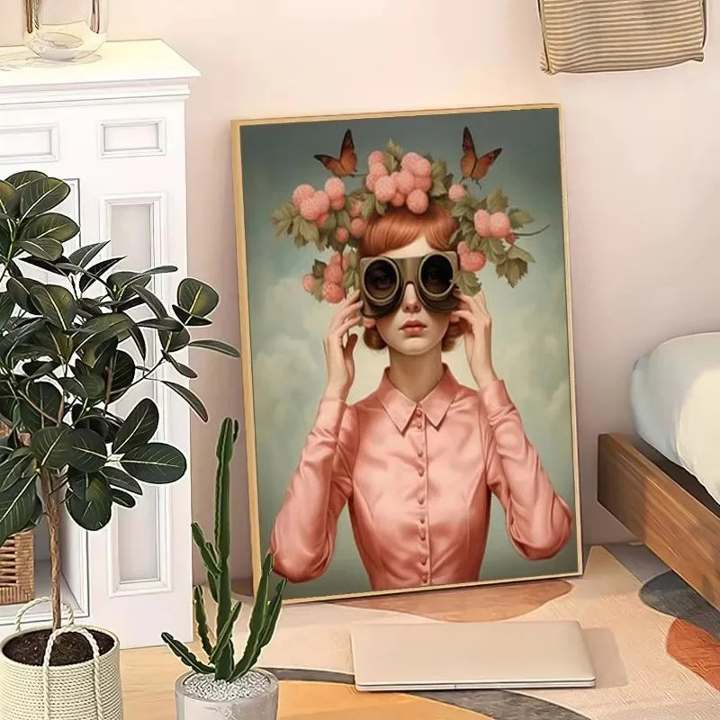 3pcs Nordic Boho Fashion Glasses Woman with Flowers Wall Art Canvas Painting Butterfly Girl Portrait Poster Prints Mural Picture Peaceful Pleasures Health and Wellness ZLH3129-B 30x45cm Unframed
