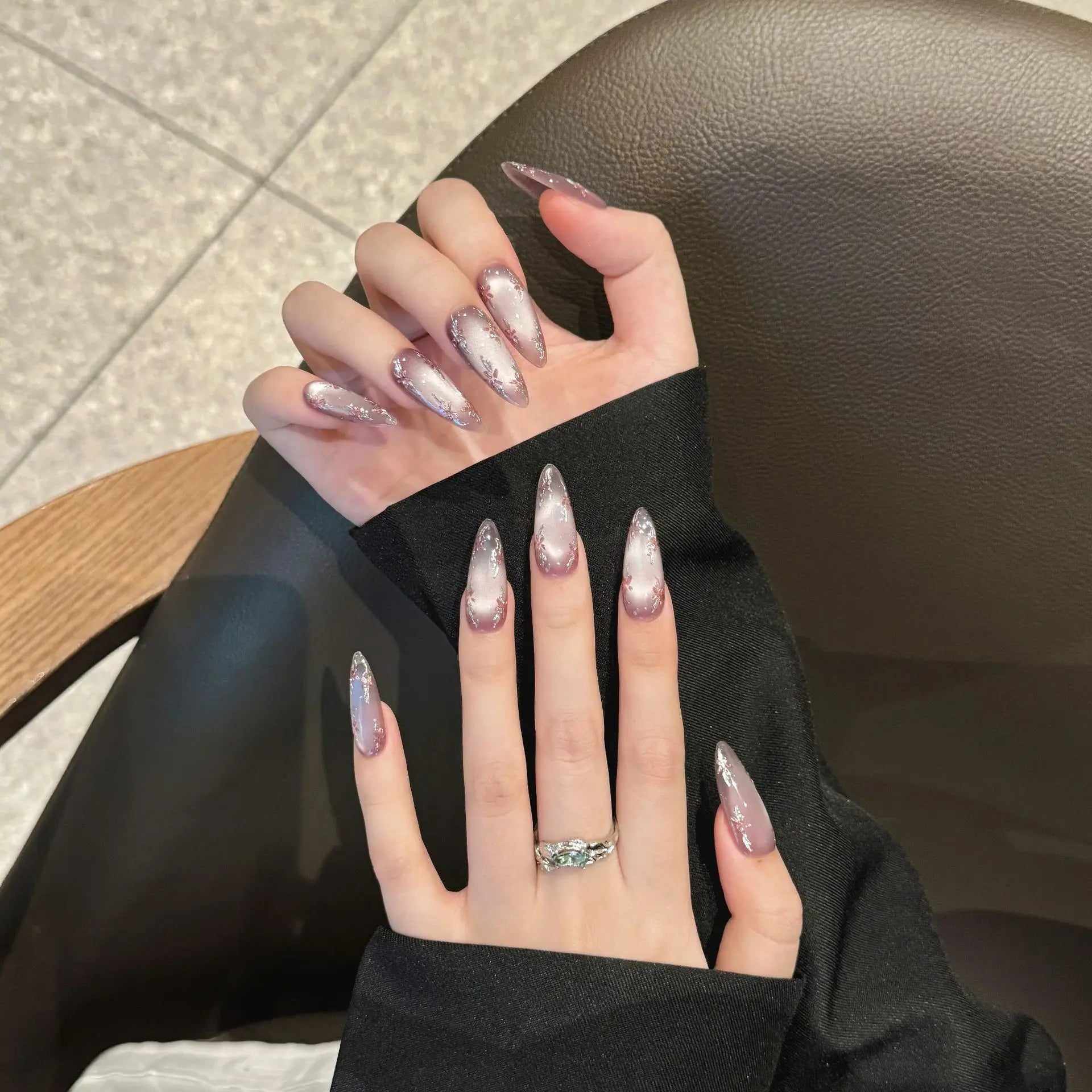 Handmade Press on Nails Hand-painted Flowers Fake Nails Full Cover Wearable Shiny Purple Cat Eye Almond False Nail Patches Peaceful Pleasures Health and Wellness