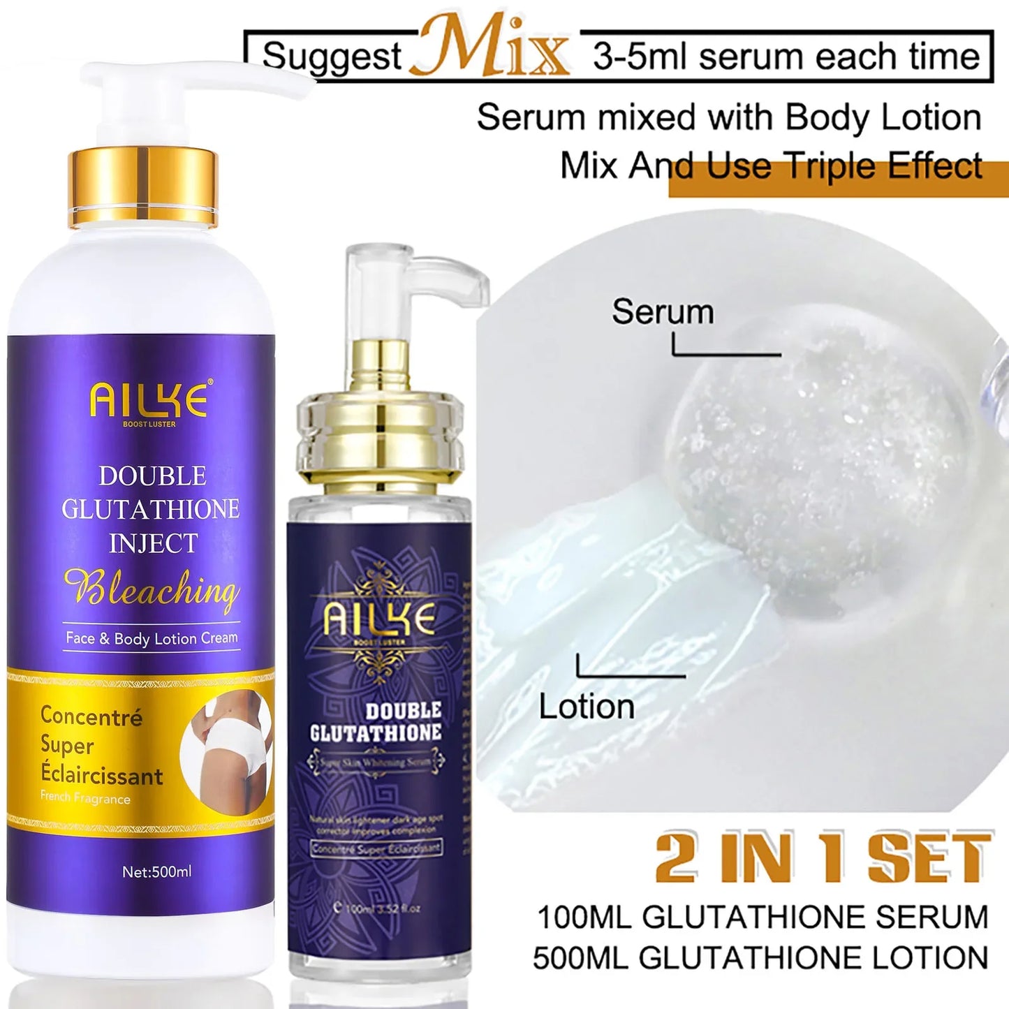 AILYE Double Glutathione Inject Bleaching Face and Body Lotion Cream with serum and lotion bottles, labeled '2 in 1 set'.