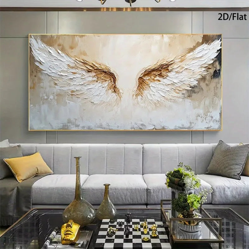 Frameless Modern Golden Angel Wings Canvas Wall Art - Golden & White Wing Design, High-Quality Print, Flat 2D Contemporary Decor Peaceful Pleasures Health and Wellness