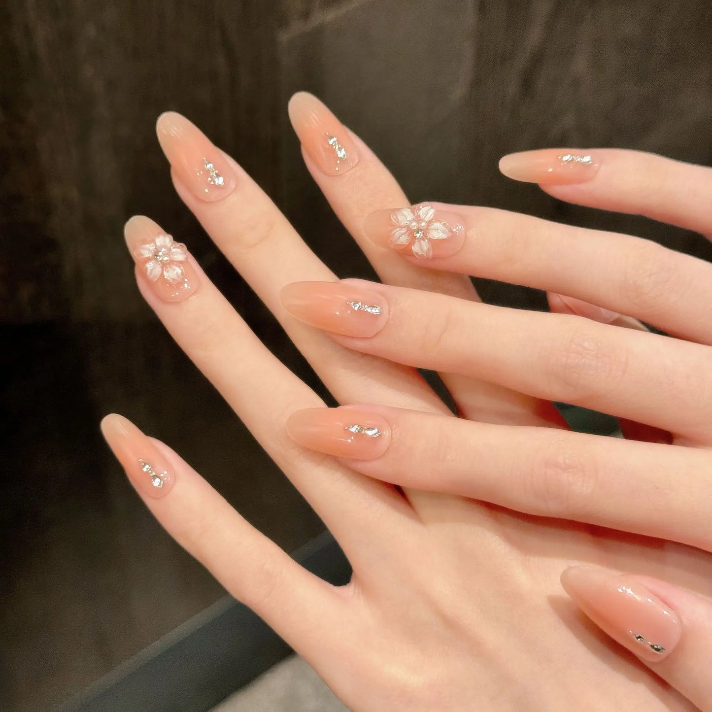 Press On Nails Pink Almond Cat Eye Korean Flower Design – 10pc Press-On Nails Peaceful Pleasures Health and Wellness
