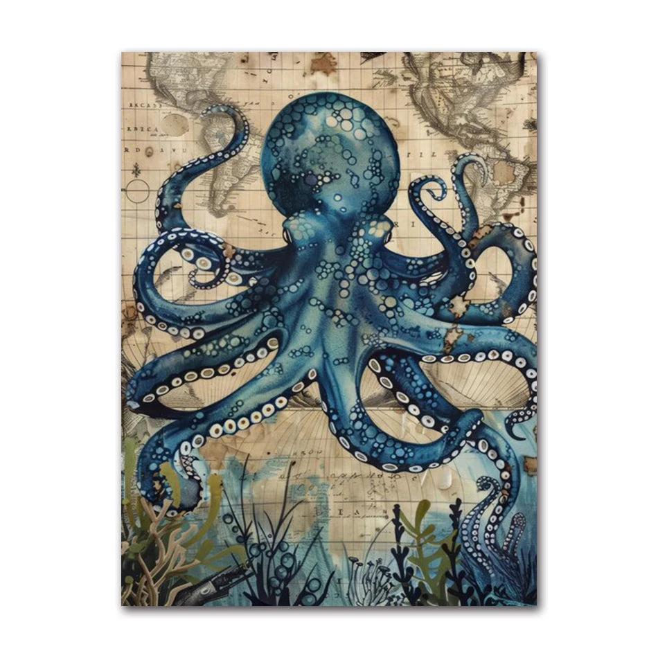 Poster Prints Nautical Coastal Wall Art Picture Antarctica Map Canvas Painting Home Wall Decor Kraken Octopus Tentacles Vintage Peaceful Pleasures Health and Wellness 2204-02 30x40cm Unframed