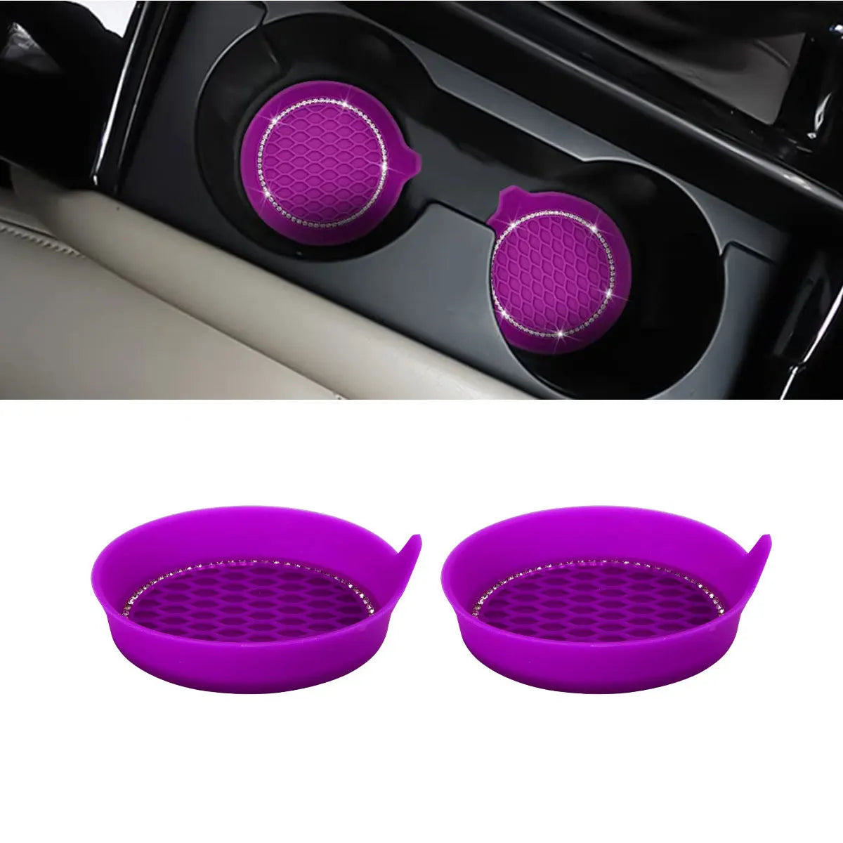 Rhinestone Car Cup Holder Coasters | Non-Slip Silicone Inserts