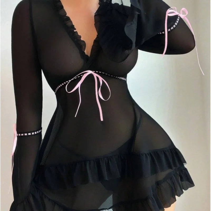 Printed Mesh Sheer Long-Sleeve Backless Mini Dress Set