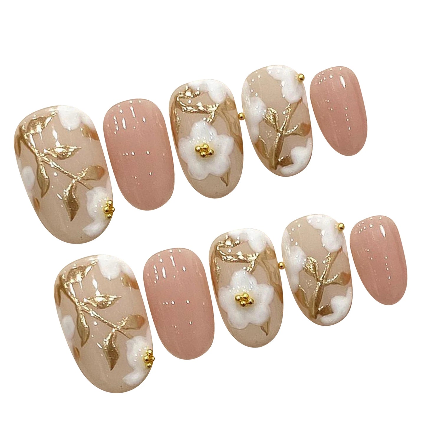 Handmade Press on Nails with White Flowers Glossy Pink Short Round False Nails Sweet Nude Pink Fake Nail Patches Women Wearable Peaceful Pleasures Health and Wellness M