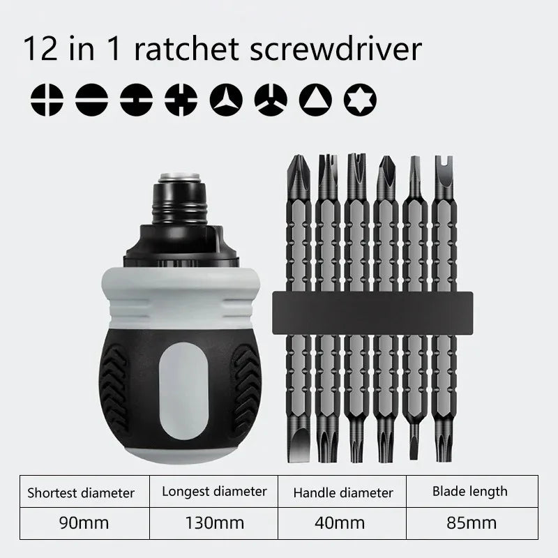 12 in 1 Ratchet Screwdriver Set Labor-Saving Dual-Purpose Short Radish Head CR-V Bits 3-Way Adjustment DIY Hand Tool Peaceful Pleasures Health and Wellness 12-in-1