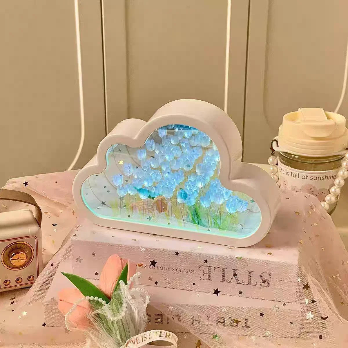 Cloud Tulip Nightlight DIY Handmade Mirror Material Package Romantic Flower Sea Atmosphere Light Desktop Ornament Creative Gifts Peaceful Pleasures Health and Wellness
