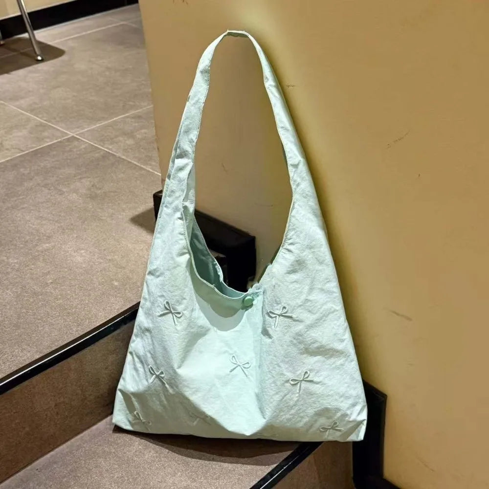 Bowknot Embroidered Canvas Tote Bag | Large Shoulder Handbag Canvas Tote Bag Peaceful Pleasures Health and Wellness Green