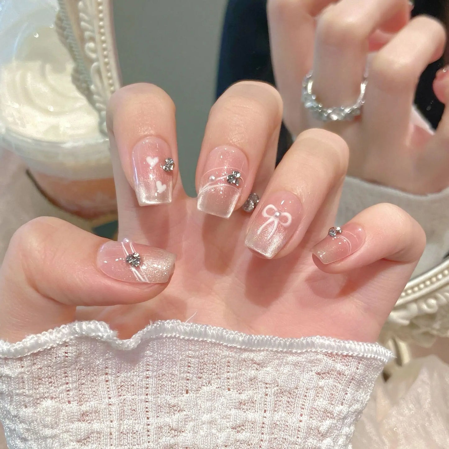 Sweet Pink Cat Eye Press-On Nails with Bow | Korean Style