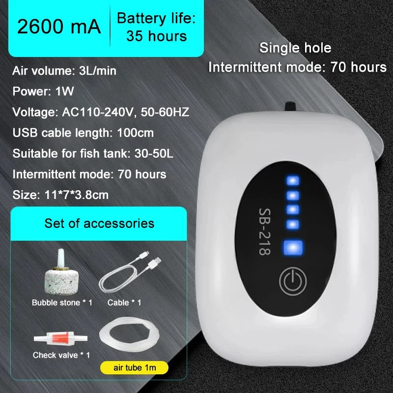 Portable Rechargeable Aquarium Air Pump 6000mAh USB Silent