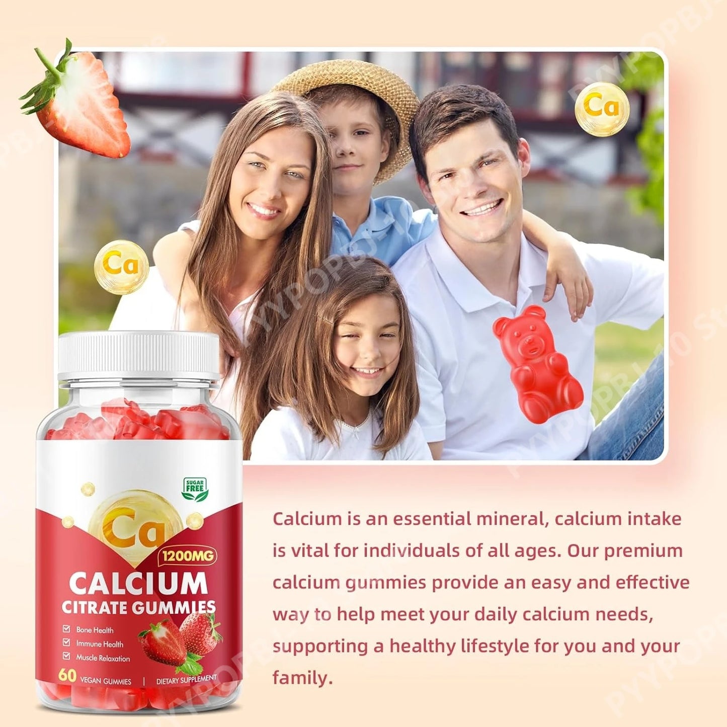Calcium Citrate Gummies 1200mg Sugar Free – Strawberry 60ct