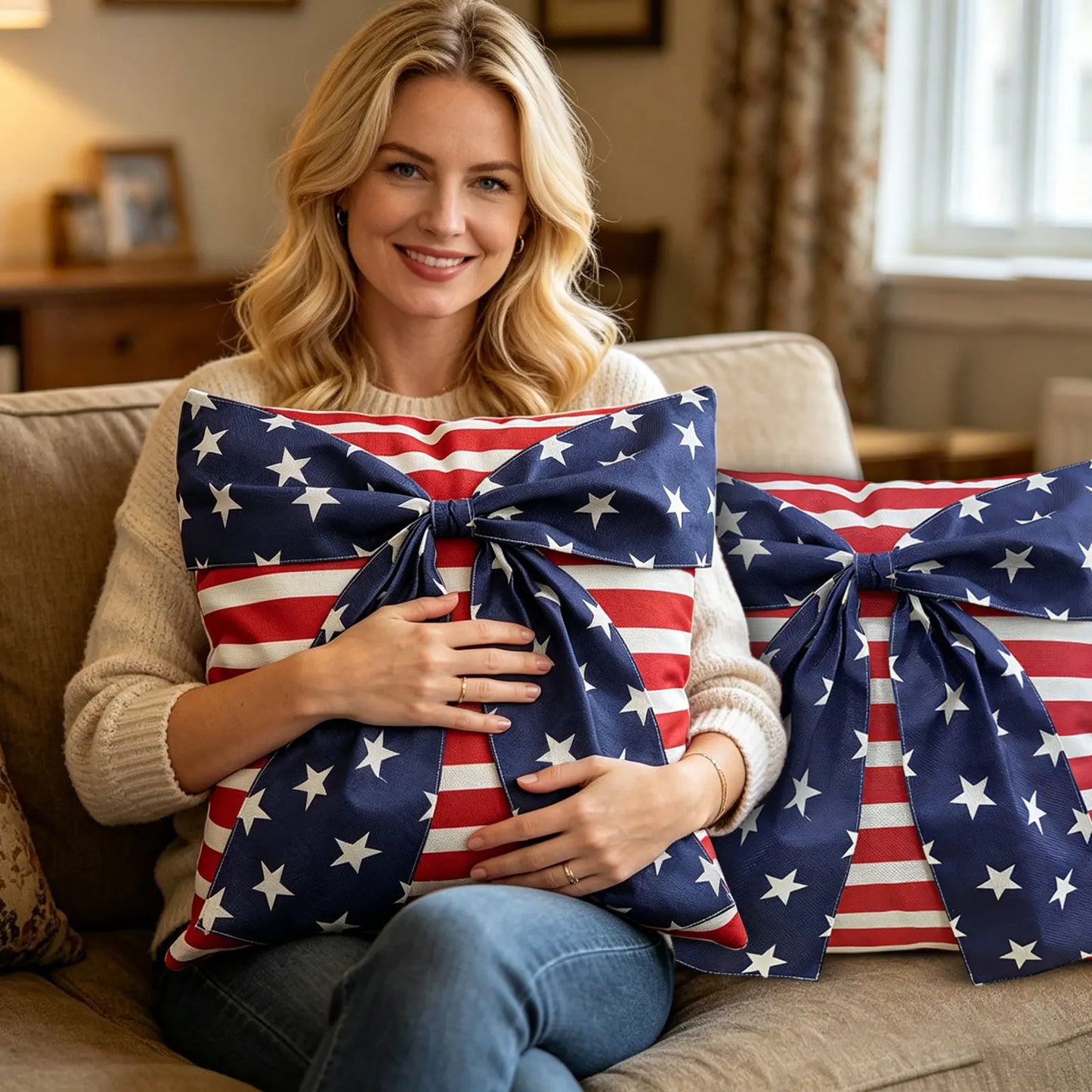 4th of July Pillow Cover Bow America Flag Stars Stripes Patriotic 3D Pillowcase Independence Day Decorations for Cushion Case Peaceful Pleasures Health and Wellness