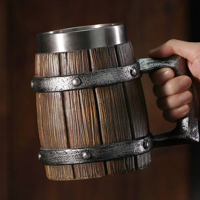 Wooden Barrel Beer Cup Stainless Steel Coffee Mug Viking Style Vintage Beer Mug Double Wall Drinking Cup Halloween Bar Drinkware Peaceful Pleasures Health and Wellness