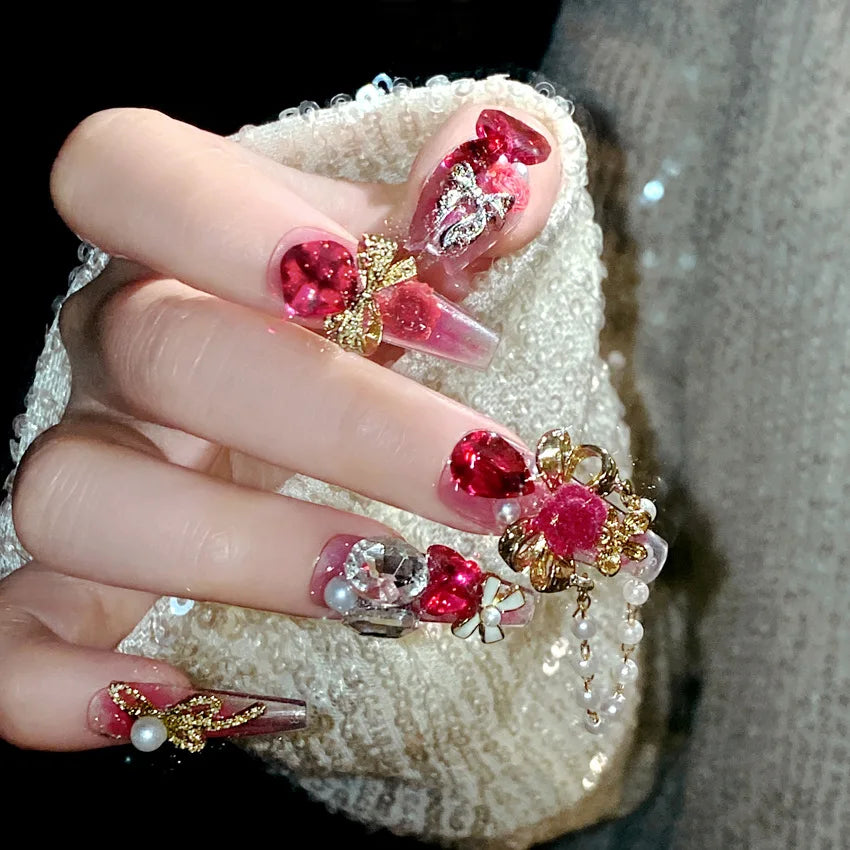 24pcs New Year Heavy Metal Press on Nails Chinese Bride Wedding Fake Nails Full Cover Wearable Shiny Large Crystal False Nails Peaceful Pleasures Health and Wellness
