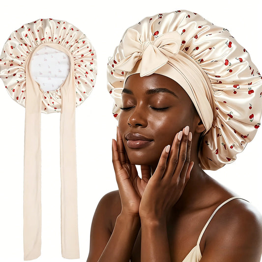 Satin Sleep Bonnet for Women – Cherry Print Lace-Up Hair Cap Satin Sleep Bonnet Peaceful Pleasures Health and Wellness