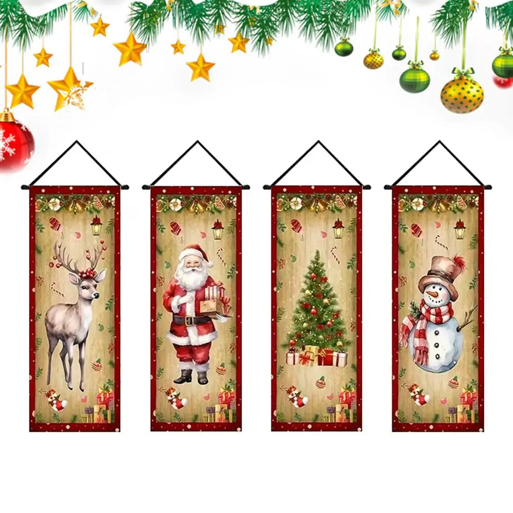 Christmas Banner 4-Piece Set – Santa Snowman Elk Porch Sign Holiday Banner Set Peaceful Pleasures Health and Wellness B China Mainland