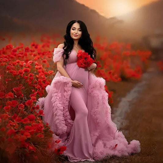 Fluffy White Tulle Maternity Robes for Photo Shoot Off Shoulder Tiered Ruffles Pregnant Women Dress Sexy Babyshower Gown Peaceful Pleasures Health and Wellness