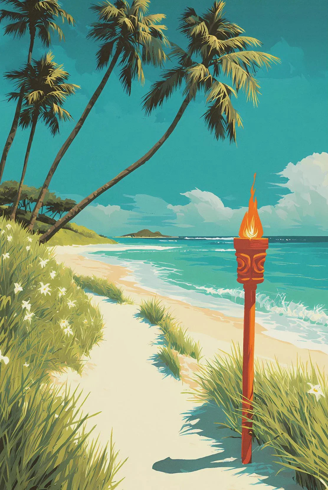 (1pc frameless)Summer Coastal Town Palm Tree Beach Dolphin Sailboat Tropical Fruit Cartoon Poster Canvas Paintings Wall Art P Peaceful Pleasures Health and Wellness