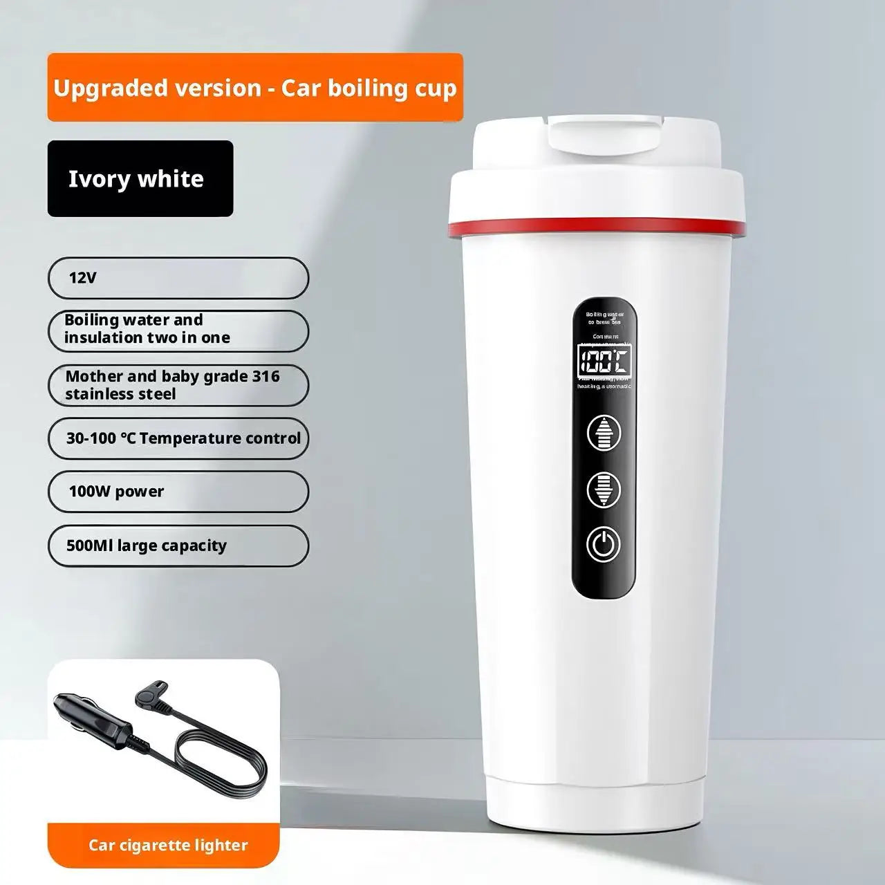 500ml Car Electric Heating Water Cup 316 Stainless Steel Liner Smart Anti-Dry Burning 12V 24V Vehicle Travel Heating Kettle Peaceful Pleasures Health and Wellness White