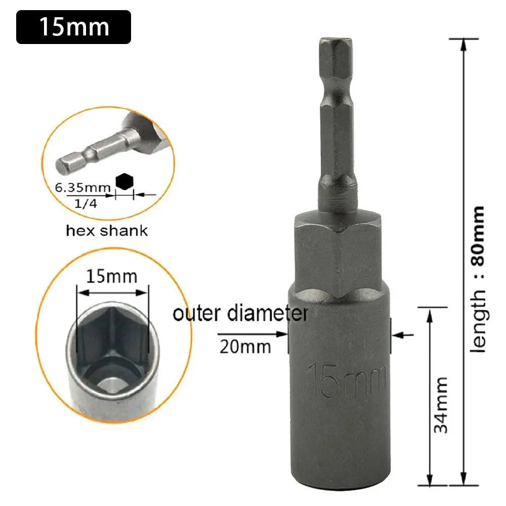 Magnetic Hex Nut Driver Bit Adapter 1/4" Shank 5.5–19mm 80mm