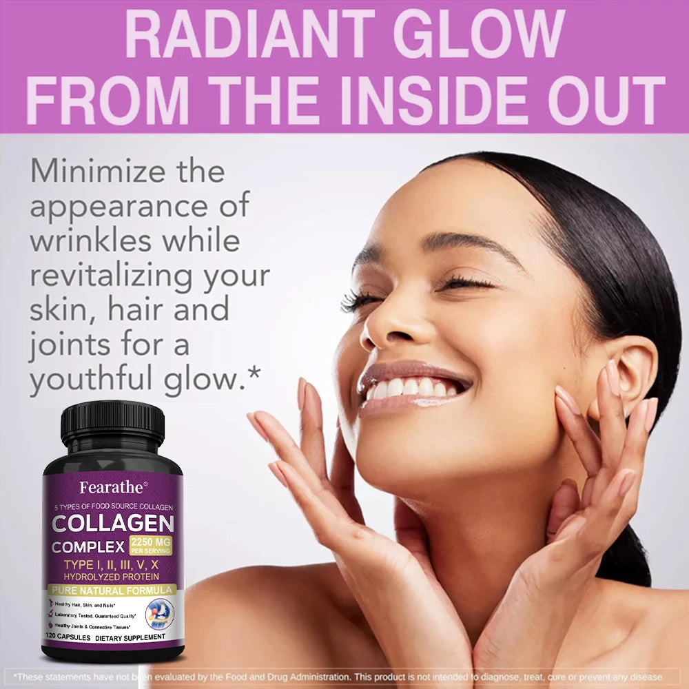 Multi-Collagen Capsules for Men and Women - Hydrolyzed Type I II III V X for Skin, Hair, Nails, Bones, Joints, Nutrition Peaceful Pleasures Health and Wellness