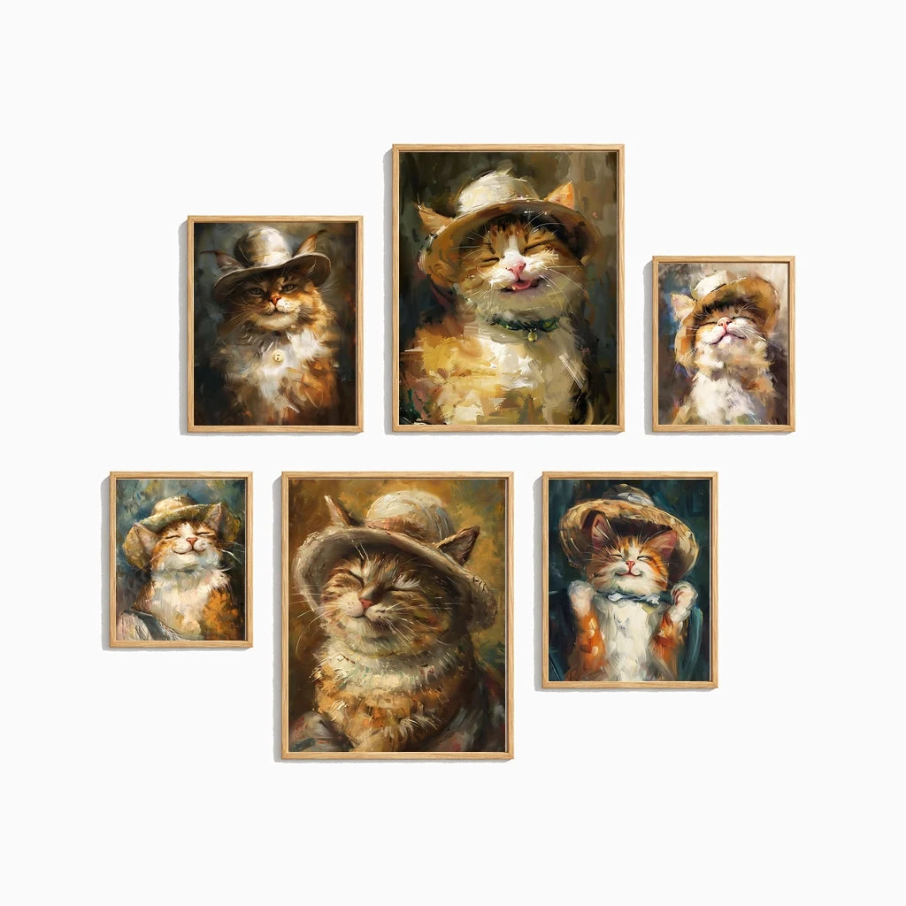 Animals Wall Art Cute Smiling Cat Oil Vintage Canvas Painting Nordic Style Poster Prints Bedroom Living Room Wall Decor Peaceful Pleasures Health and Wellness
