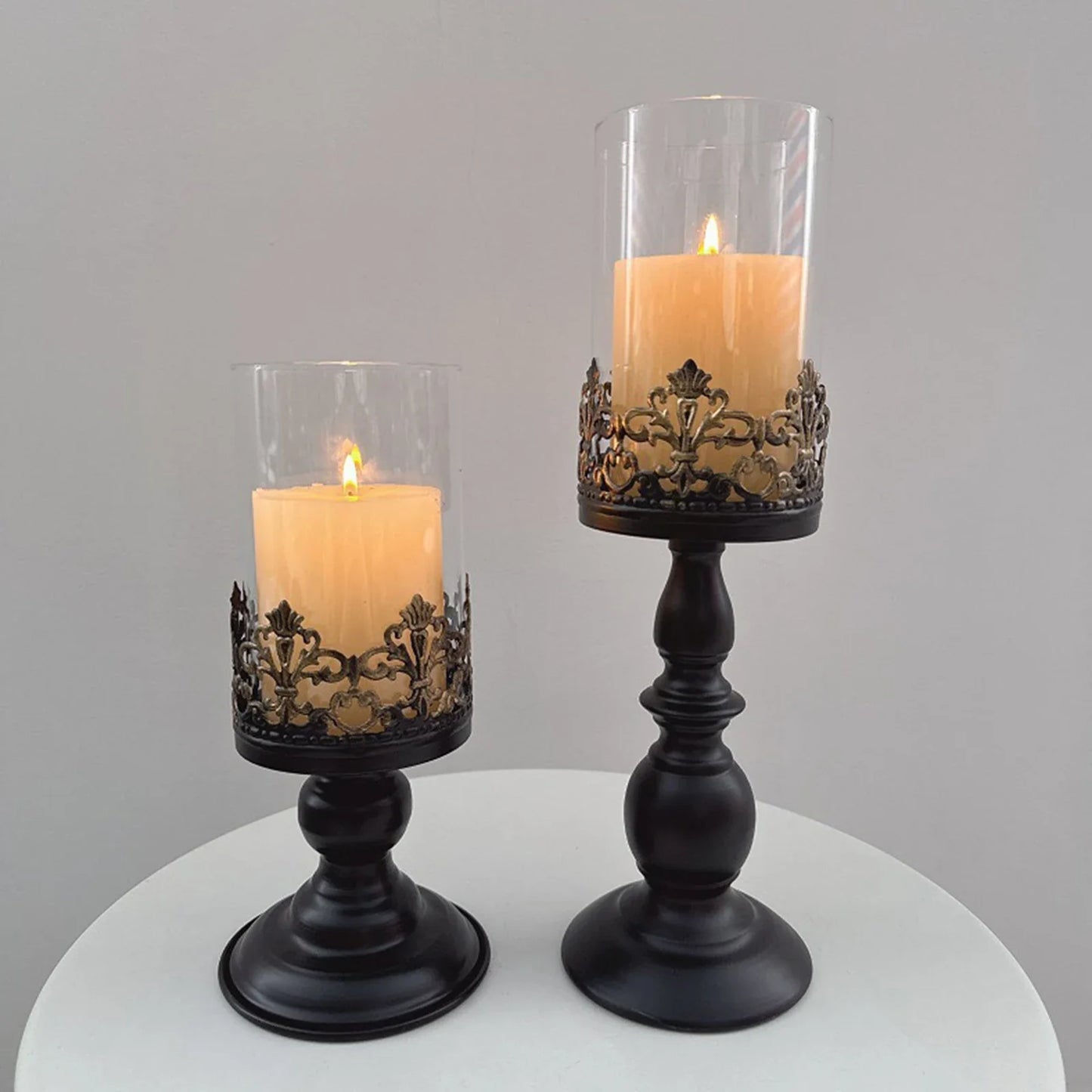 Black Iron Pillar Candle Holders Set of 2 | Home Decor Centerpiece