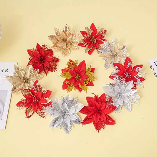 10pcs Christmas Gold Powder Christmas Flower Simulation Flower Christmas Decoration Flower Christmas Tree Decoration Peaceful Pleasures Health and Wellness