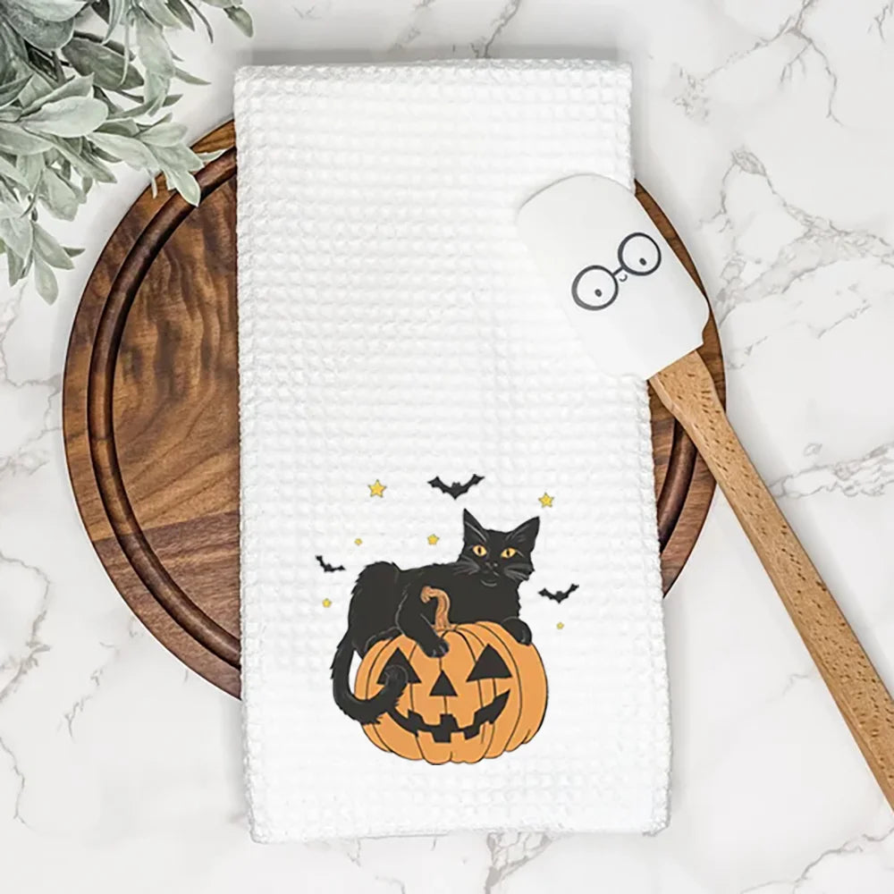Halloween Black Cat Waffle Tea Towel Kitchen Dish Towel Halloween Jack O Lantern Kitchen Decor Holiday Housewarming Hostess Gift Peaceful Pleasures Health and Wellness