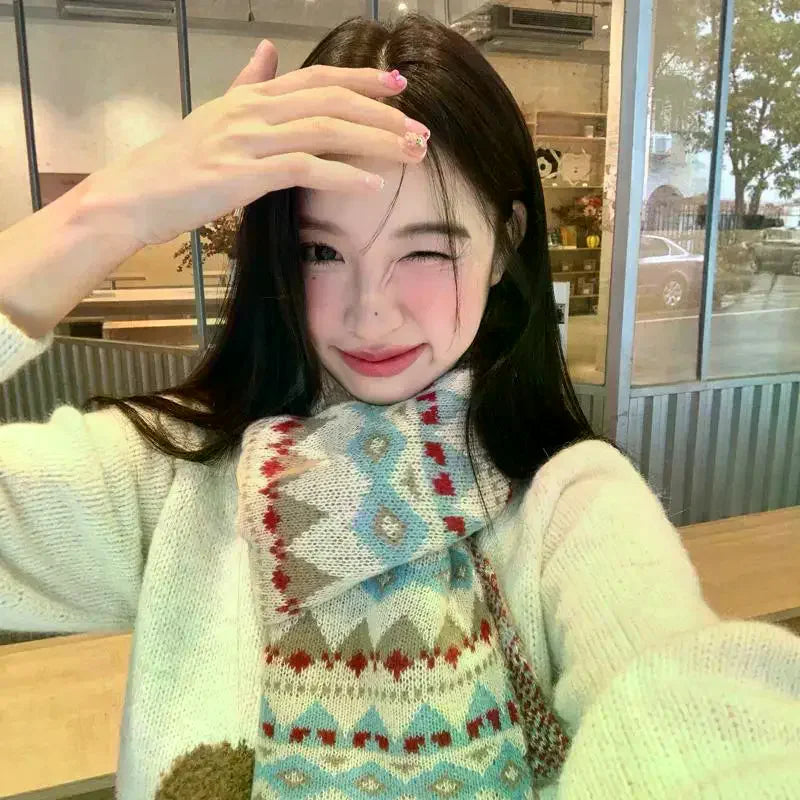 Women's Retro Jacquard Knit Winter Scarf – Thick & Warm