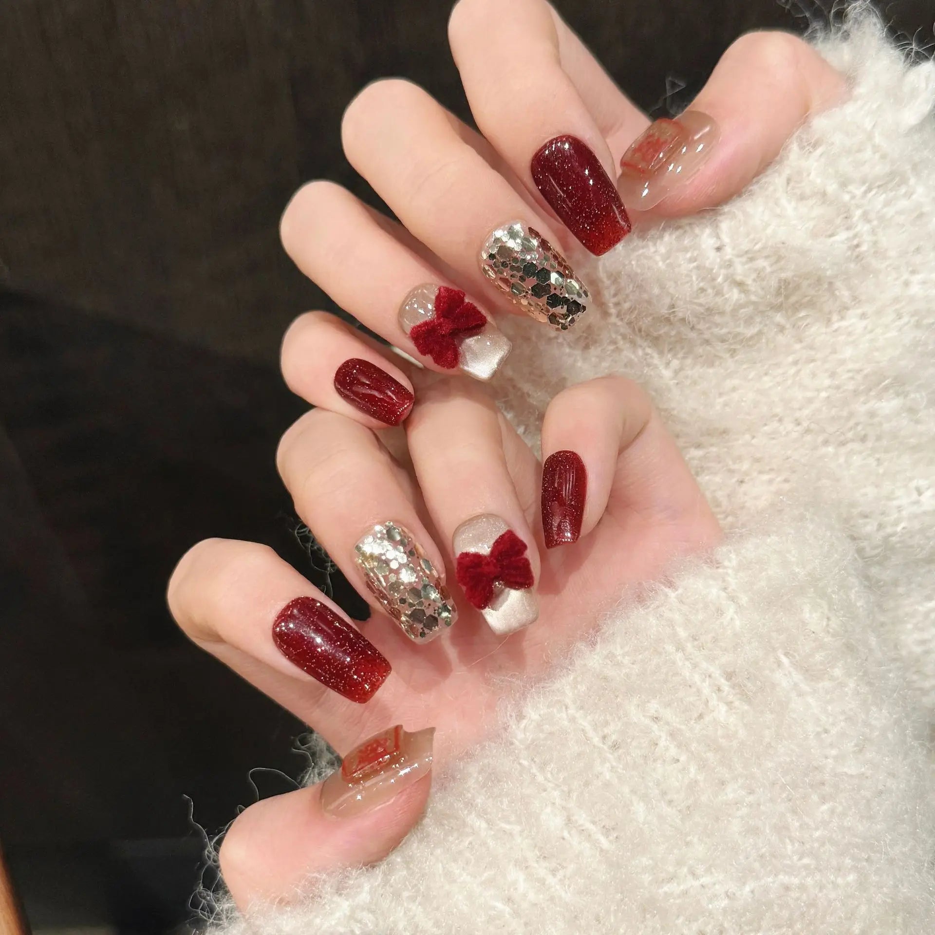 Handmade New Year Lucky Red Press on Nails Glitter Sequins Red Bow Decor False Nails Full Cover Wearable Short Fake Nail Tips Peaceful Pleasures Health and Wellness