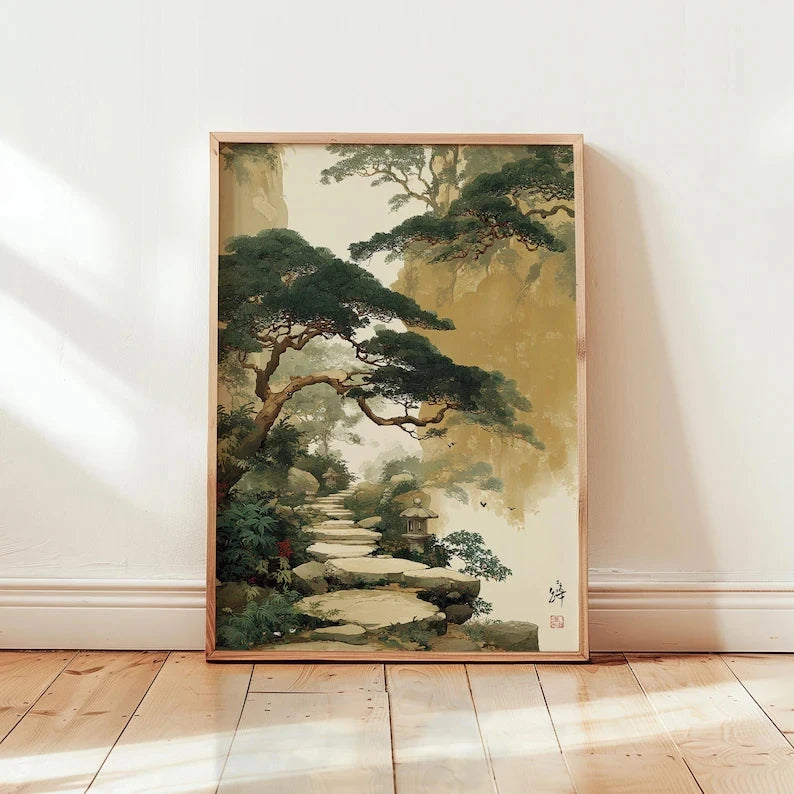 Retro Japanese Garden Path Canvas Wall Art | Green Beige