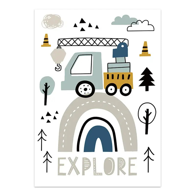 Cartoon Construction Vehicles Canvas Wall Art | Boys Nursery
