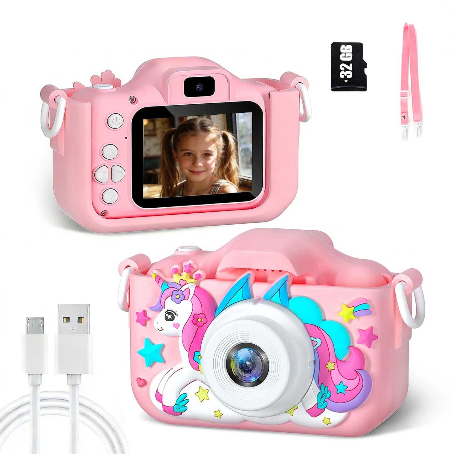 Kids Camera 1080P Video Mini Digital Camera Educational Toy Cameras With 32G Card Silicone Case for Girls Festival Birthday Gift Peaceful Pleasures Health and Wellness Pink02 32G Card