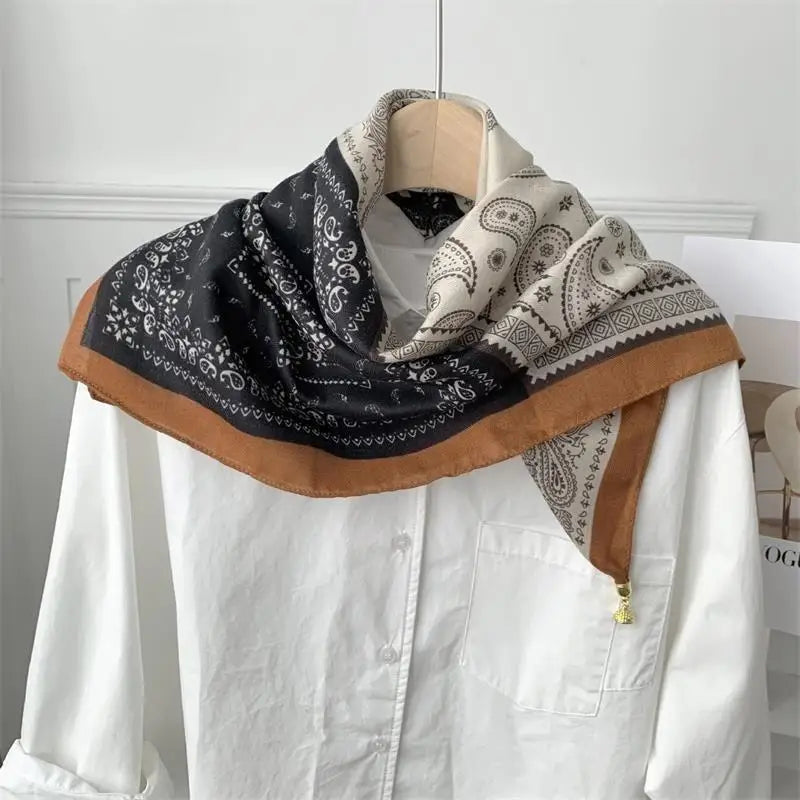 70x70 Retro Print Square Silk Scarf with Magnetic Buckle