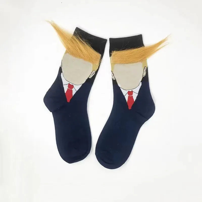 Funny and Funny Presidential Socks With 3D Fake Hair Round Neck Socks for Men's Street Clothing Hip Hop Socks Peaceful Pleasures Health and Wellness