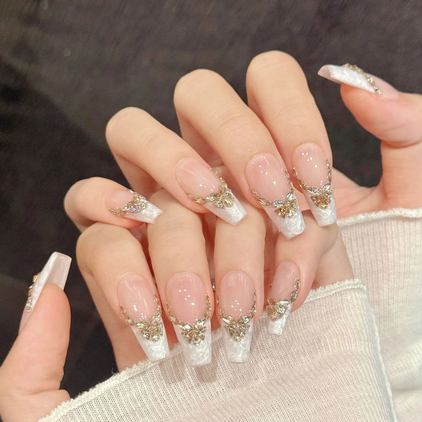 Handmade Press On Nails White Aurora French Almond – 10pcs Set