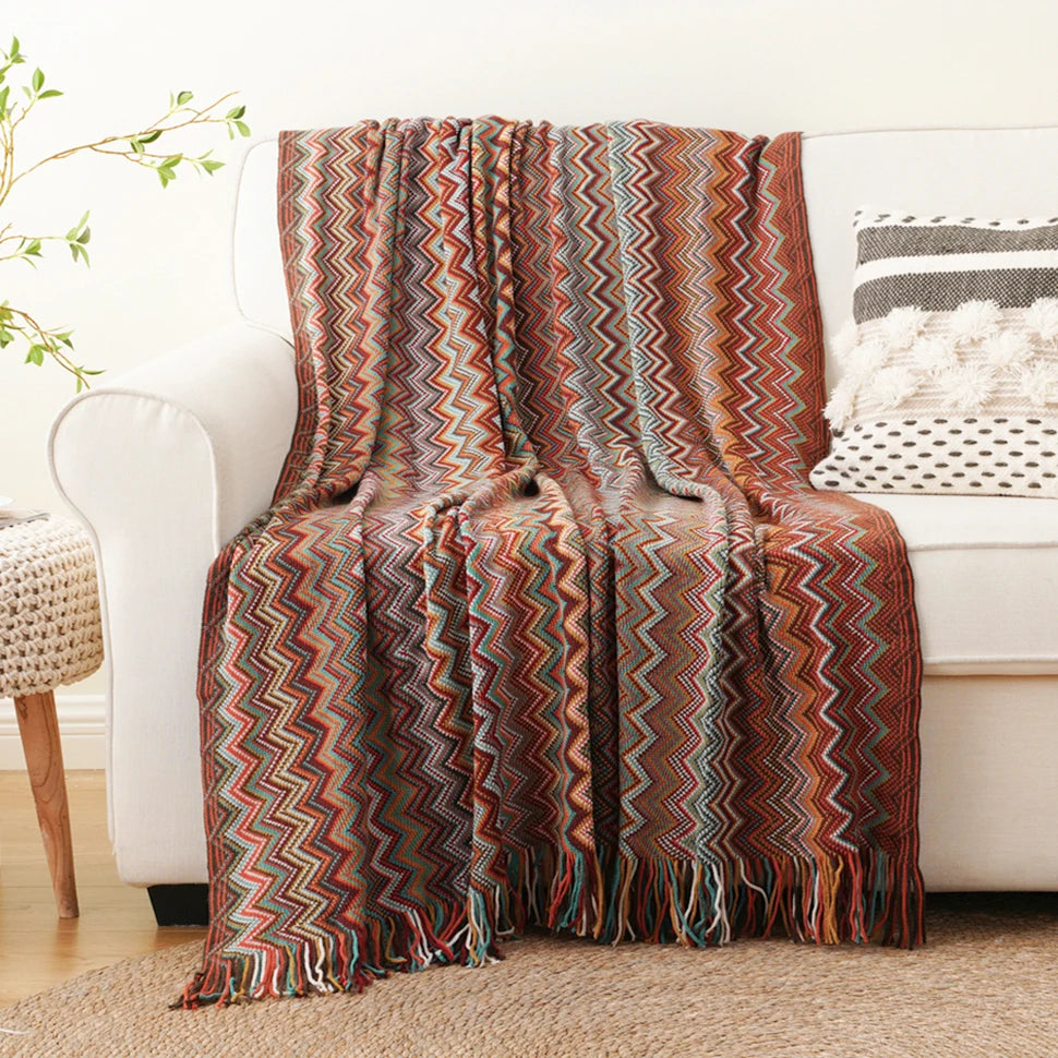 Battilo Boho Throw Blanket Lightweight Knit Throw With Tassels Bohemian woven Sofa Blankets Soft Bed Plaid Decorative Blanket Peaceful Pleasures Health and Wellness Dust Red 130x200cm