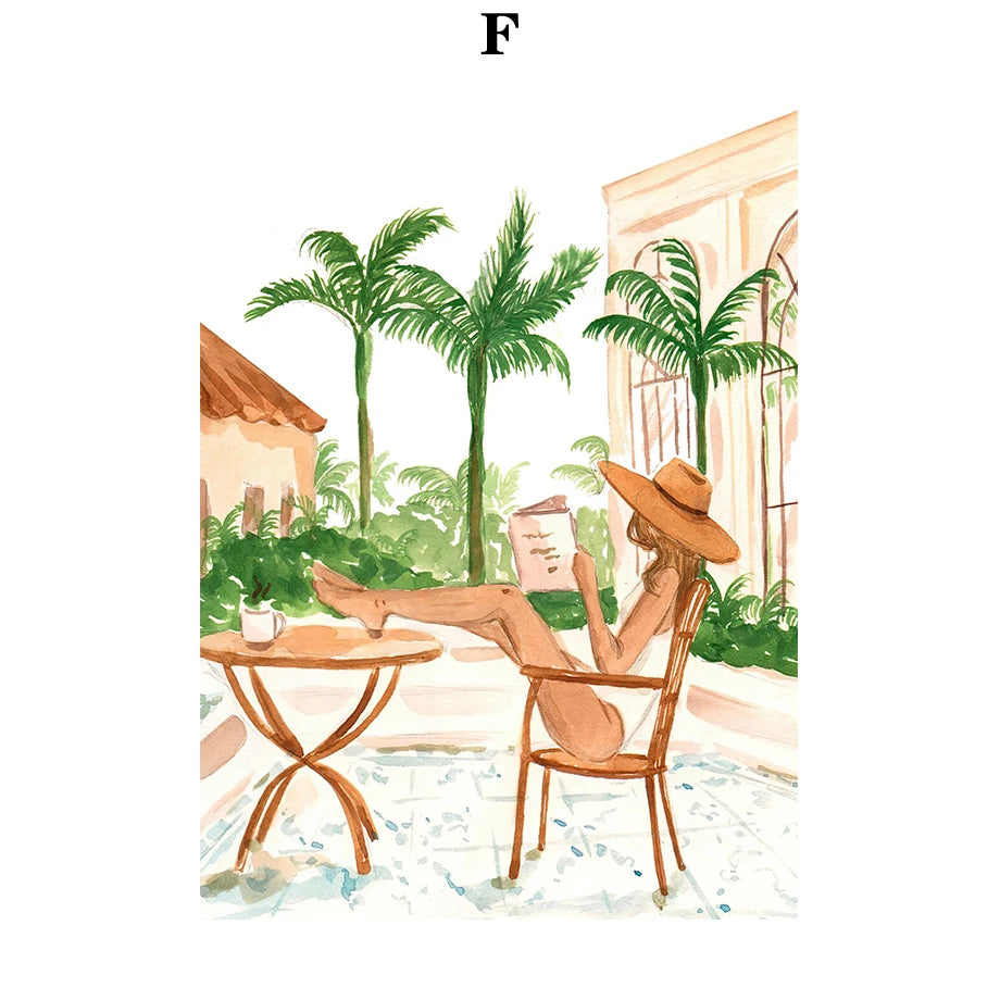 Summer Beach Leisure Holiday Fashion Wall Art Canvas Painting Nordic Poster Room Decor Tropical Watercolor Sunbathe Surfing Peaceful Pleasures Health and Wellness T80396-06 40x50cm Unframed