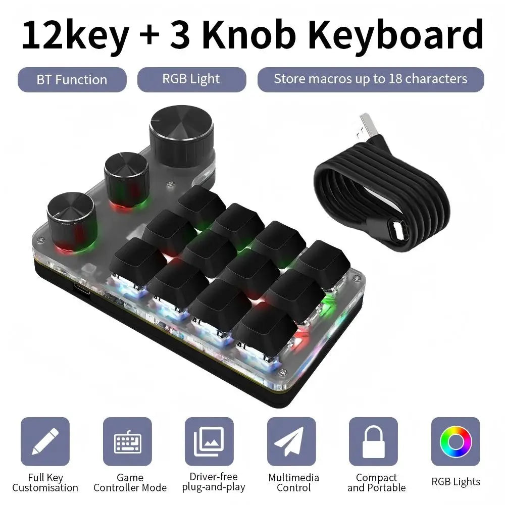 Mini Bluetooth Programming Macro Custom 3 Knob Keyboard RGB 12Key Copy Paste Photoshop Gaming Keypad Mechanical Hotswap Macropad Peaceful Pleasures Health and Wellness