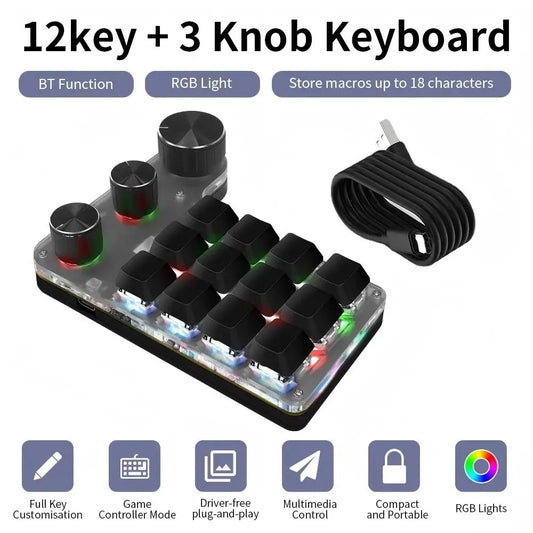 Mini Bluetooth Programming Macro Custom 3 Knob Keyboard RGB 12Key Copy Paste Photoshop Gaming Keypad Mechanical Hotswap Macropad Peaceful Pleasures Health and Wellness