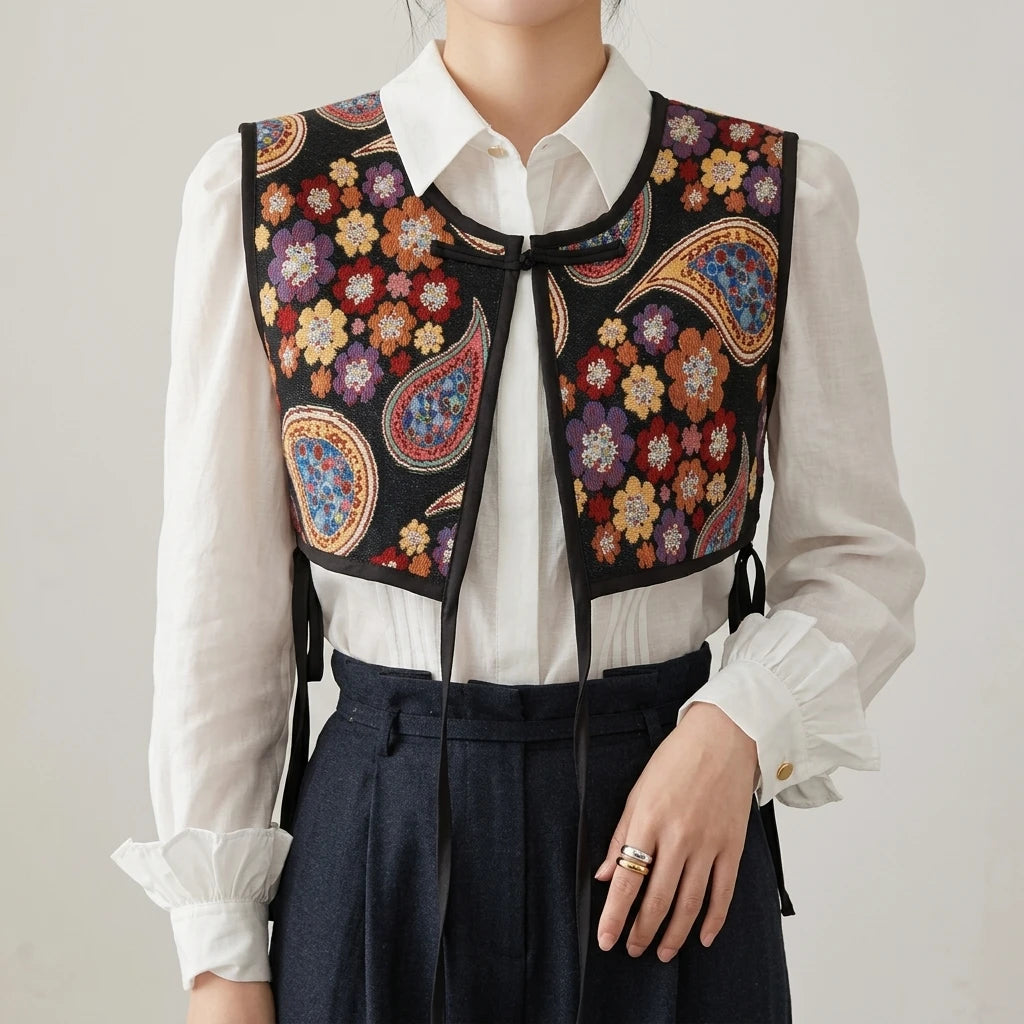 Women Sweet Style Adjustable Tie Embroidered Shirt Vest for Spring Autumn Peaceful Pleasures Health and Wellness