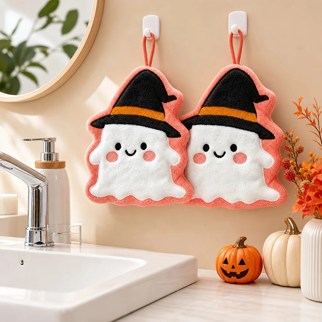 Halloween Cute Ghost Witch Hat Hanging Towel Soft Coral Velvet Quick