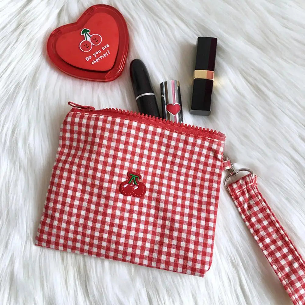 Red Cherry Canvas Makeup Bag, Portable and Easy to Carry. Red Plaid, Large Capacity Cosmetic Lipstick Storage Bag. Peaceful Pleasures Health and Wellness