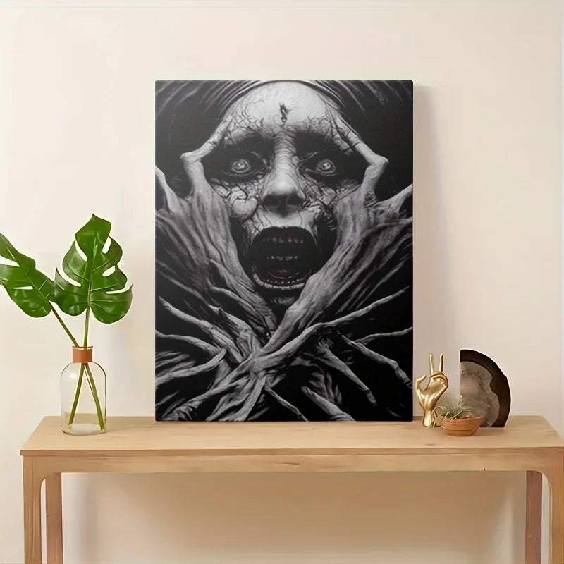 Frameless Canvas Painting - Eerie Distorted Face & Creepy Hands Horror Art, Surrealist Gothic Wall Decor for Halloween Display Peaceful Pleasures Health and Wellness